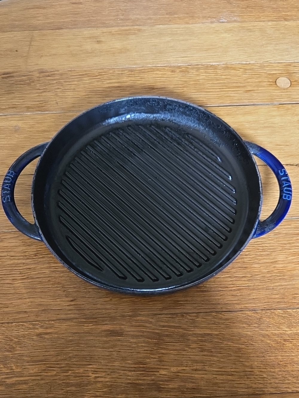 Staub Blue Round Cast Iron Grill Pan with Dual Handles 10.5in